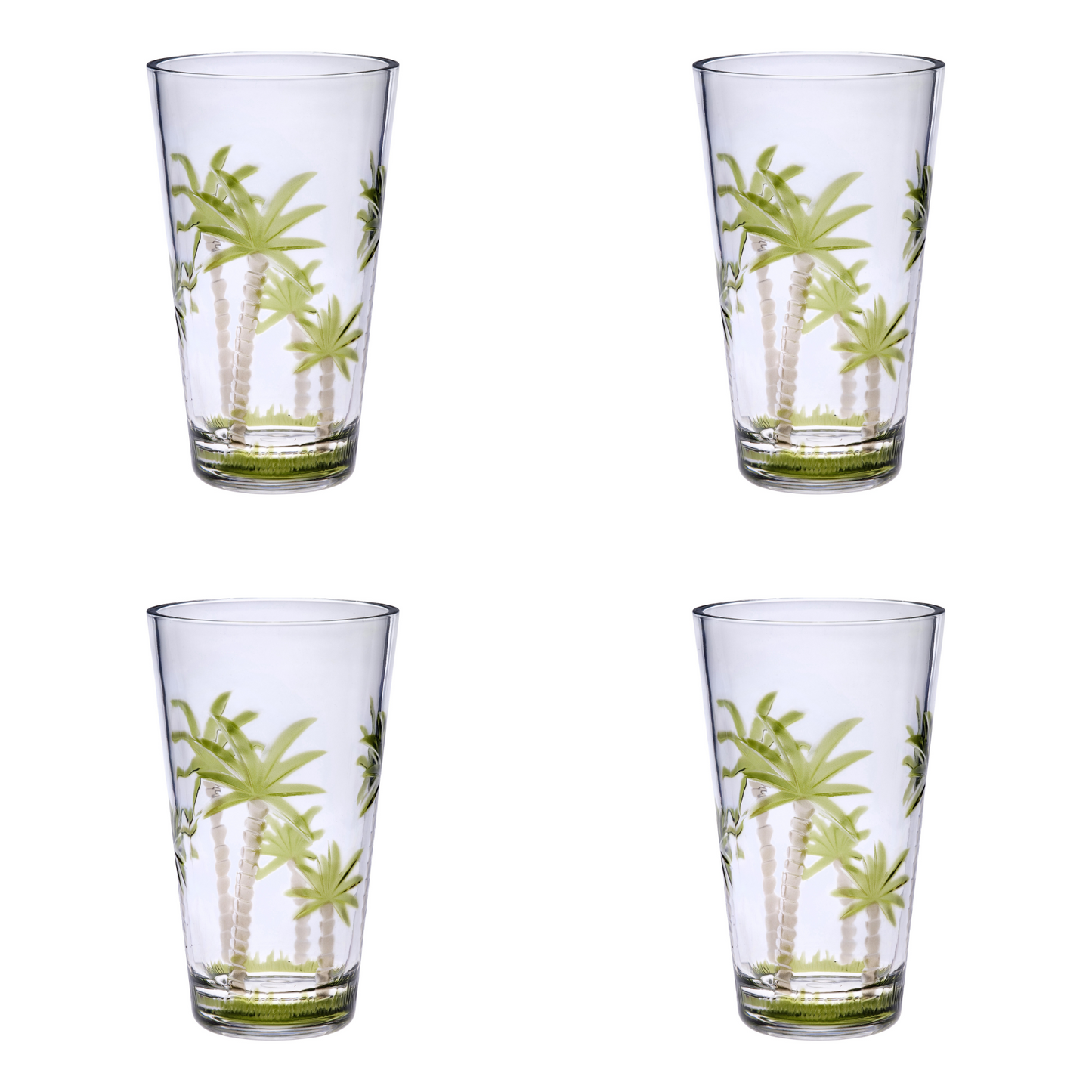 Set of Four Clear and Green Palm Tree Acrylic Highball Glasses