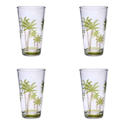 Set of Four Clear and Green Palm Tree Acrylic Highball Glasses