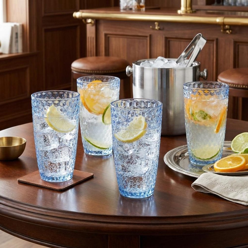 Set of Four Blue Acrylic Stemless Highball Glass