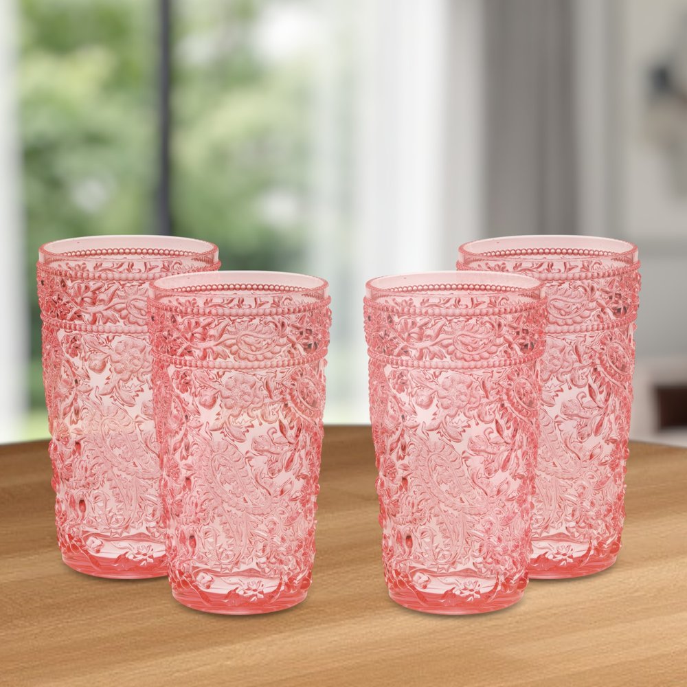 Set of Four Pink Paisley Acrylic Stemless Highball Glass
