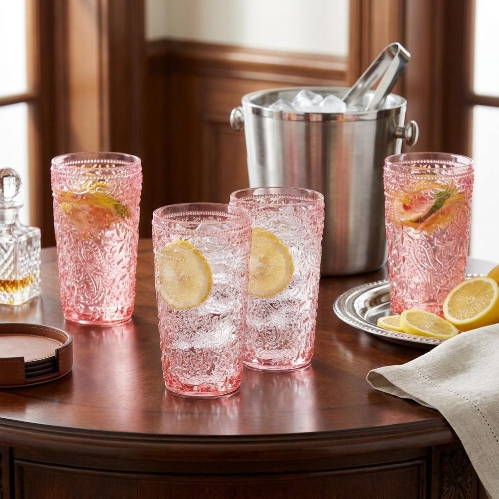 Set of Four Pink Acrylic Stemless Highball Glass
