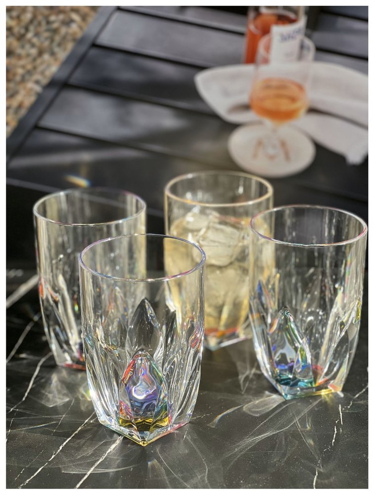 Set of Four Clear and Rainbow Geometric Acrylic Highball Glasses