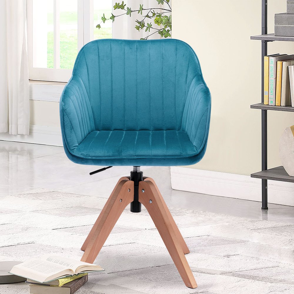 Tufted Teal Blue and Natural Upholstered Velvet Dining Arm Chair