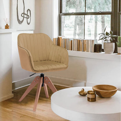 Tufted Champagne And Natural Velvet and Wood Dining Arm Chair