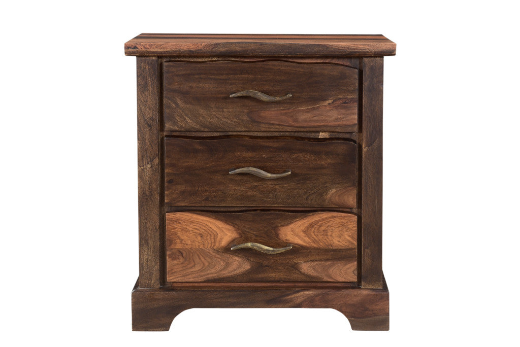 27" Dark Brown Three Drawer Solid Wood Nightstand