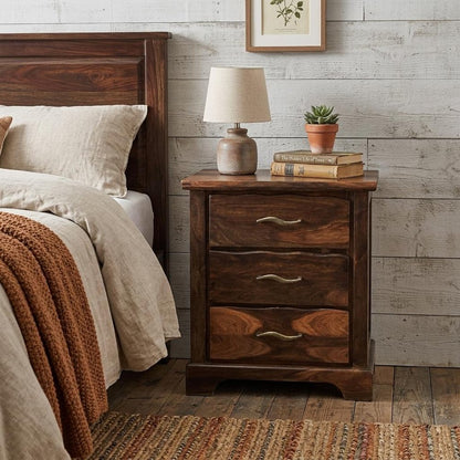27" Dark Brown Solid Wood Three Drawer Nightstand
