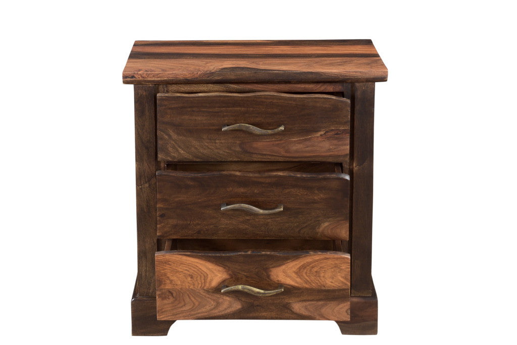 27" Dark Brown Three Drawer Solid Wood Nightstand