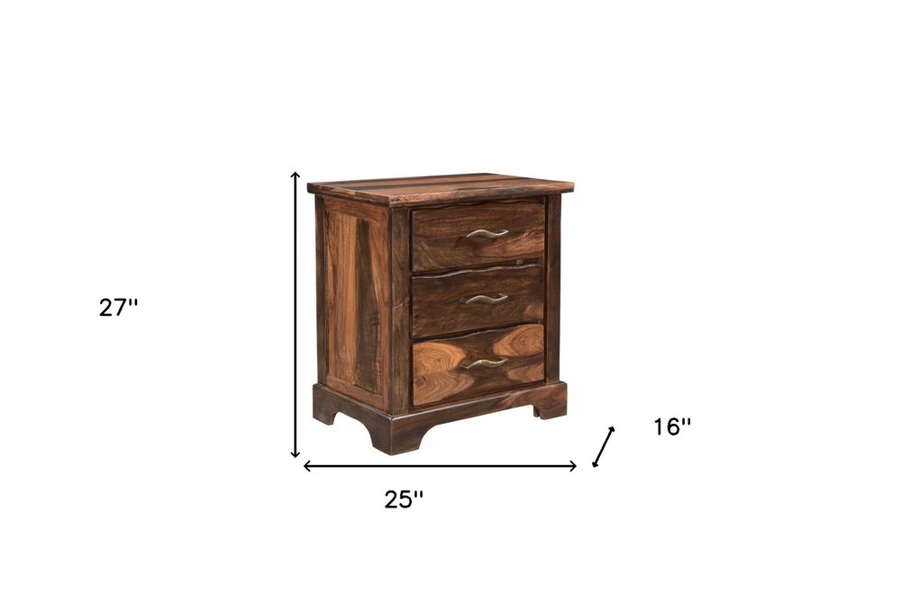 27" Dark Brown Solid Wood Three Drawer Nightstand