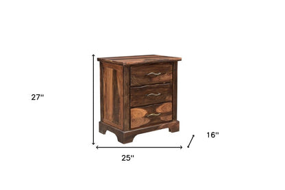 27" Dark Brown Solid Wood Three Drawer Nightstand