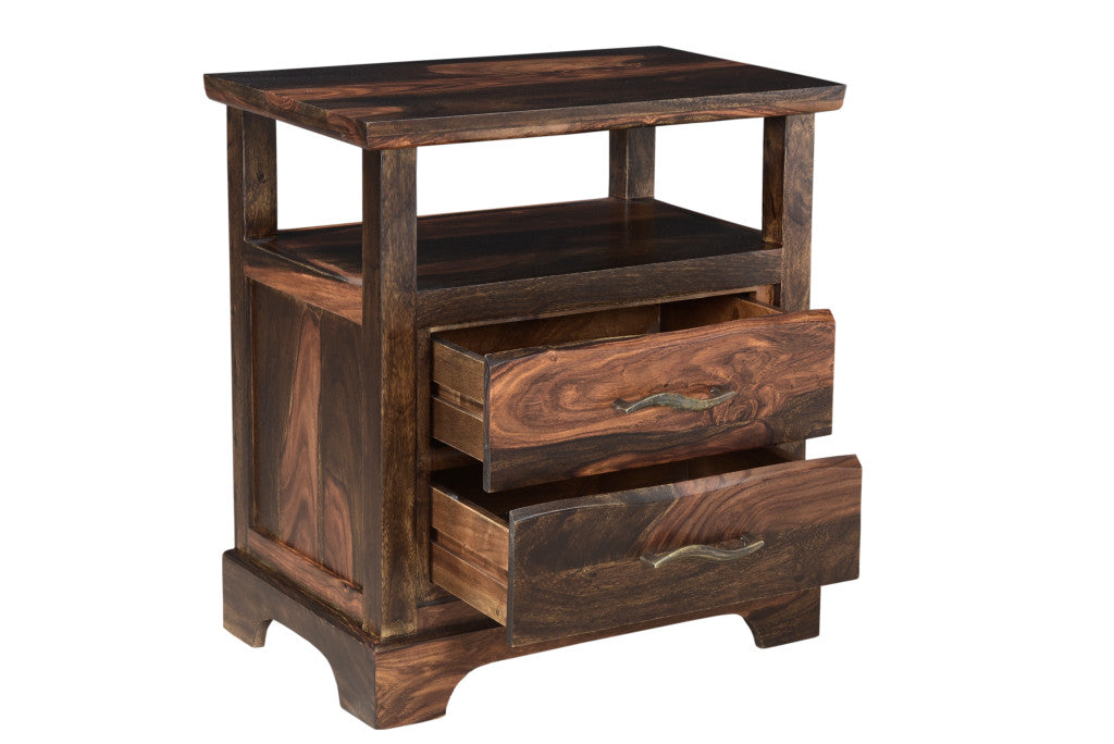 27" Dark Brown Two Drawer Solid Wood Nightstand