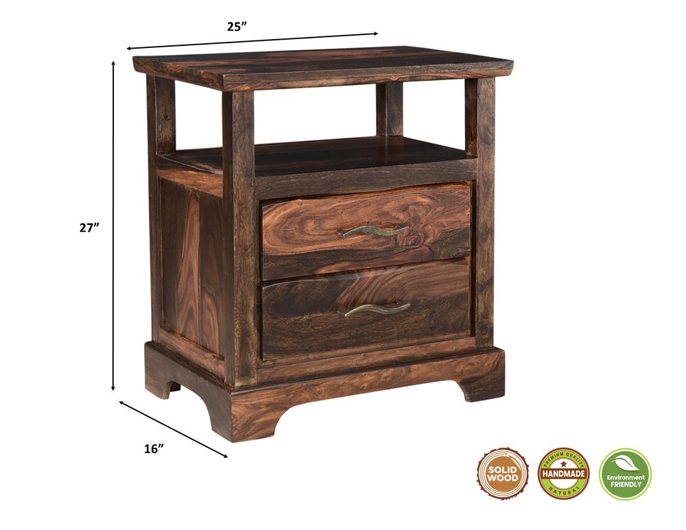 27" Dark Brown Solid Wood Two Drawer Nightstand