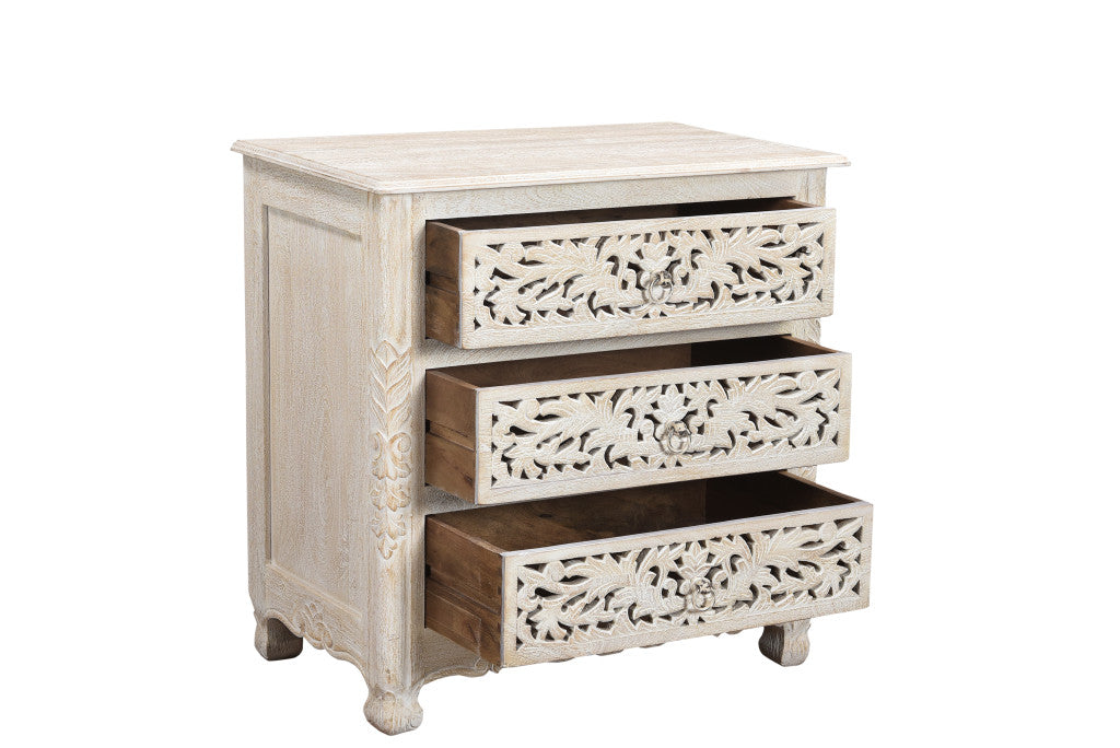 30" Distressed White Three Drawer Floral Carved Solid Wood Nightstand