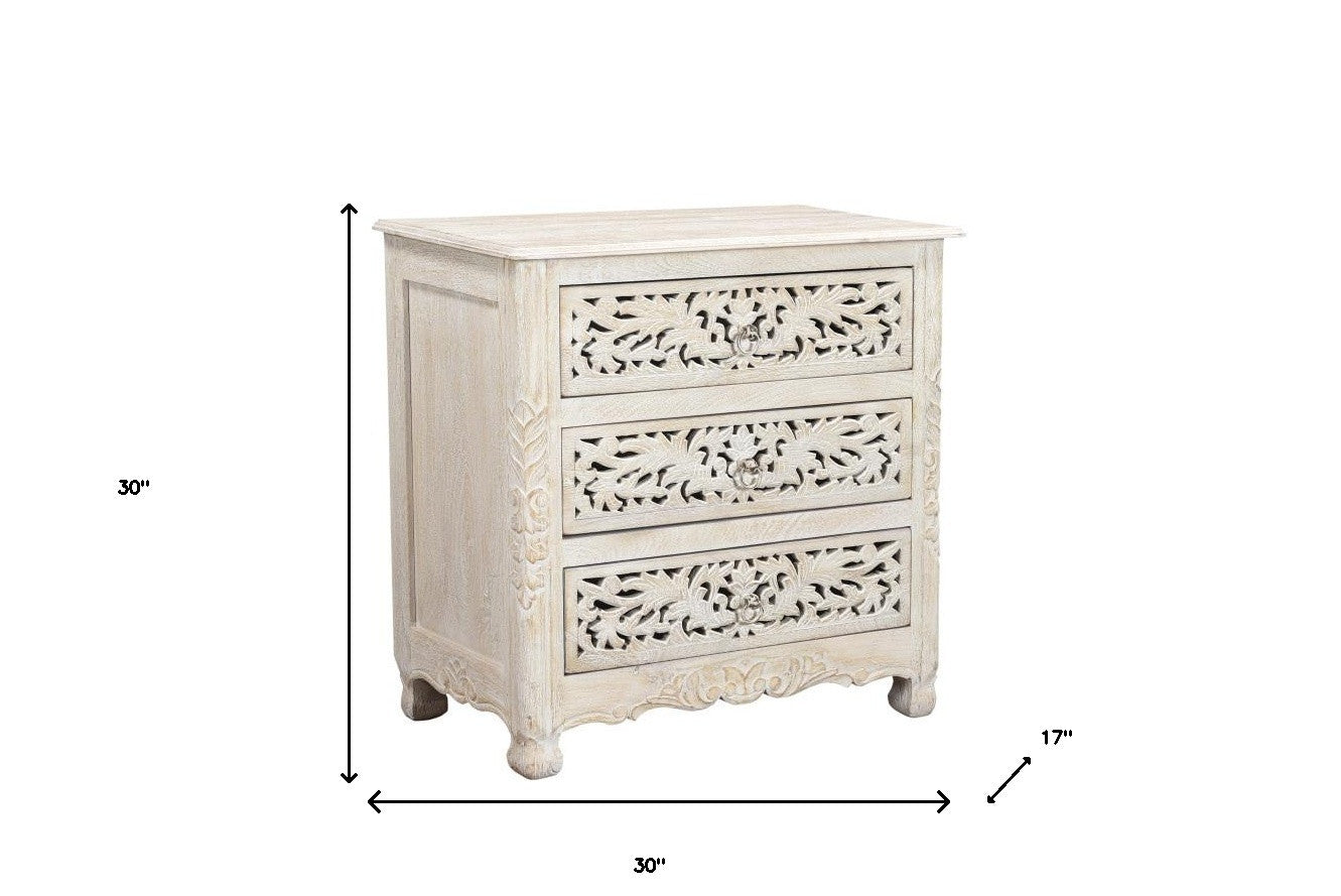 30" Distressed White Three Drawer Floral Carved Solid Wood Nightstand