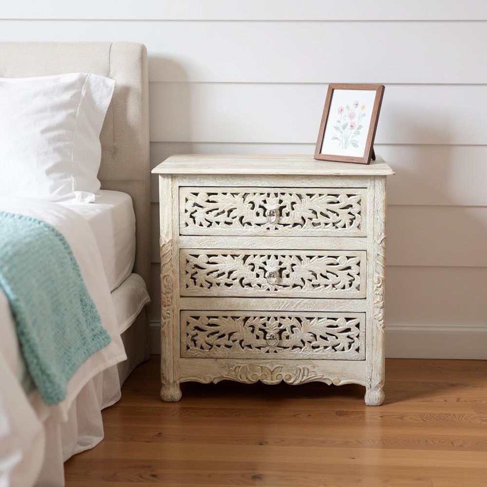 30" White Solid Wood Distressed Three Drawer Nightstand