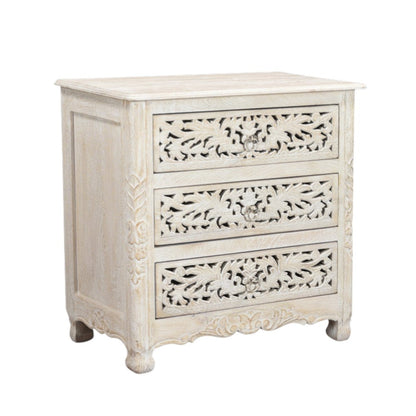 30" White Solid Wood Distressed Three Drawer Nightstand