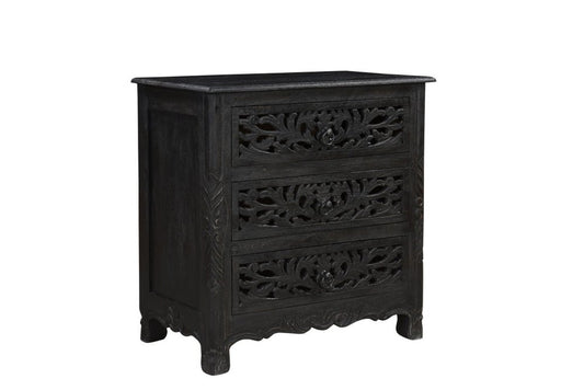 30" Black Solid Wood Distressed Three Drawer Nightstand