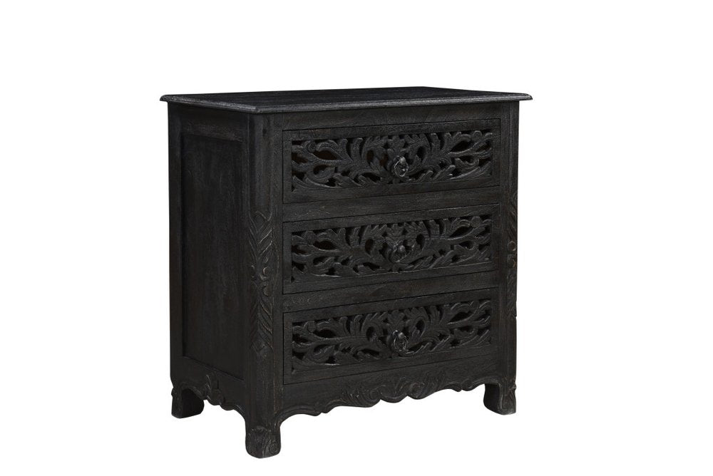 30" Black Solid Wood Distressed Three Drawer Nightstand