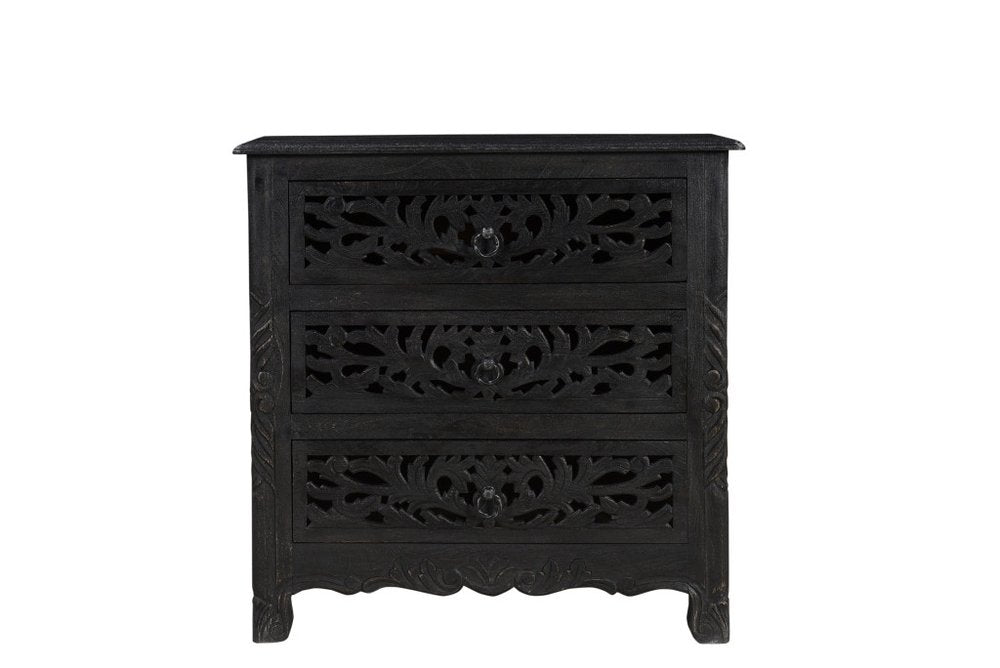 30" Black Solid Wood Distressed Three Drawer Nightstand