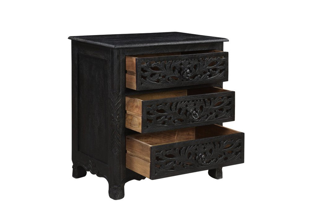 30" Black Solid Wood Distressed Three Drawer Nightstand