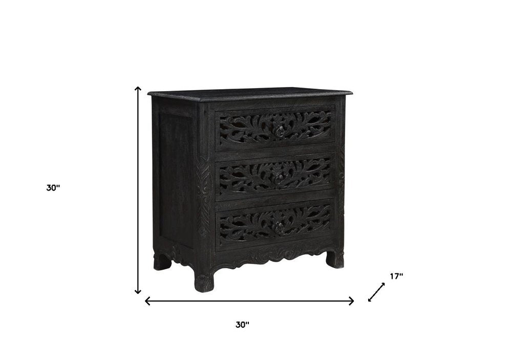 30" Black Solid Wood Distressed Three Drawer Nightstand