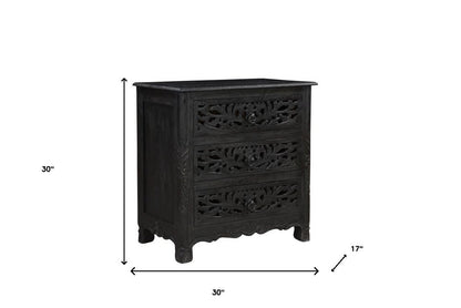 30" Black Solid Wood Distressed Three Drawer Nightstand