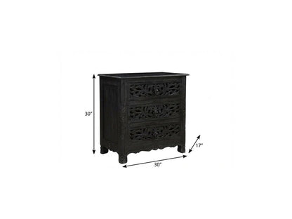 30" Black Solid Wood Distressed Three Drawer Nightstand