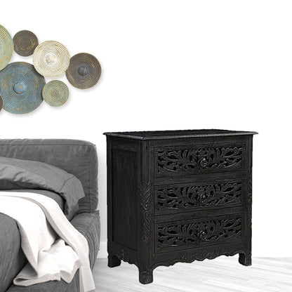 30" Black Solid Wood Distressed Three Drawer Nightstand