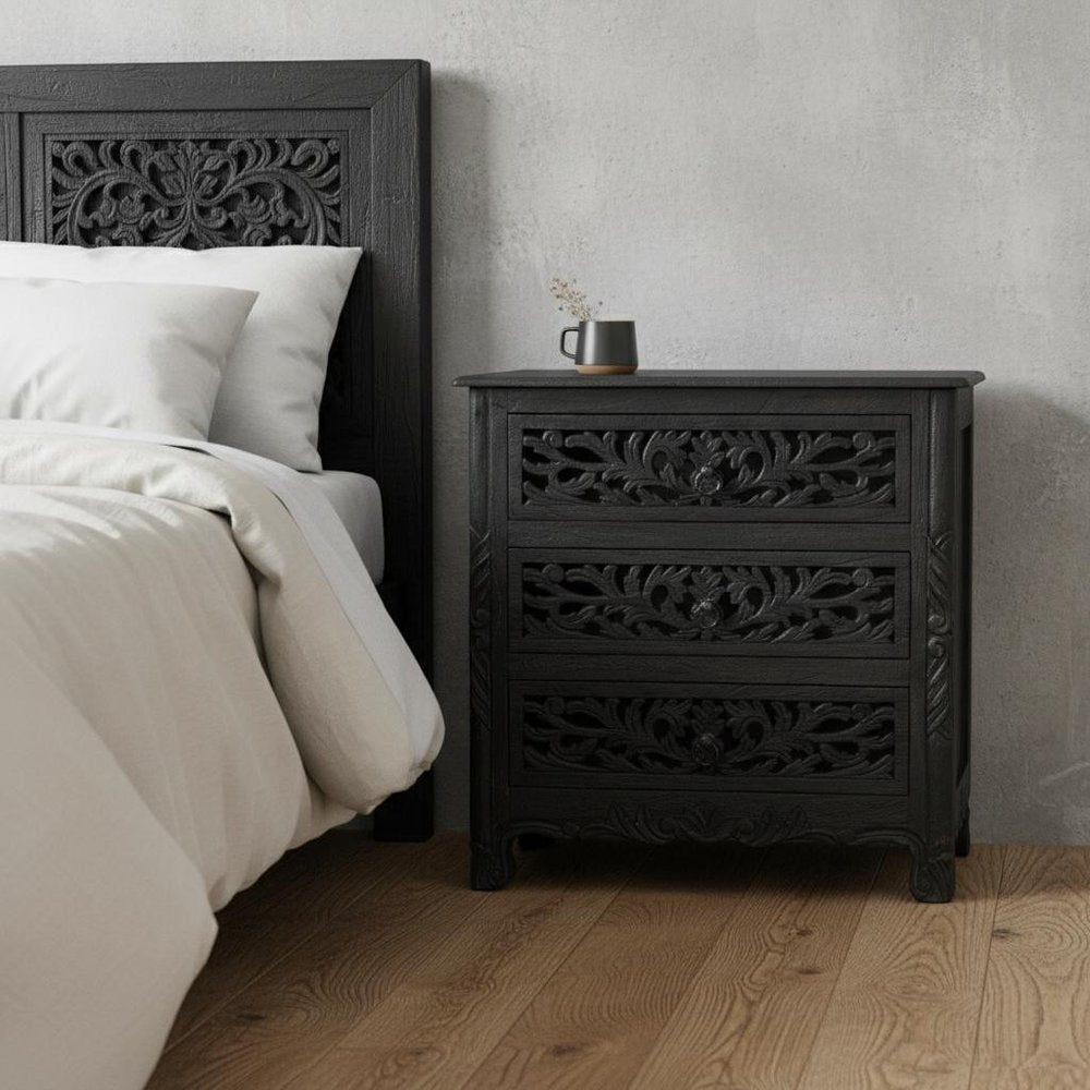30" Black Solid Wood Distressed Three Drawer Nightstand
