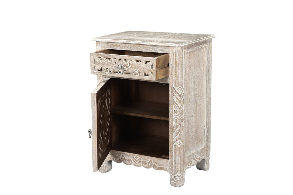 30" Distressed White One Drawer Floral Carved Solid Wood Nightstand