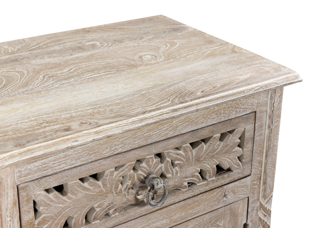 30" Distressed White One Drawer Floral Carved Solid Wood Nightstand