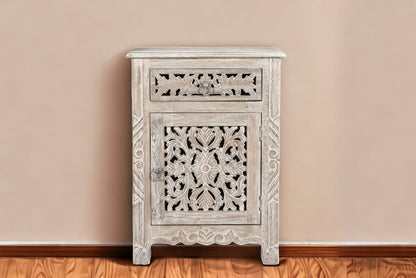 30" Distressed White One Drawer Carved Floral Solid Wood Nightstand