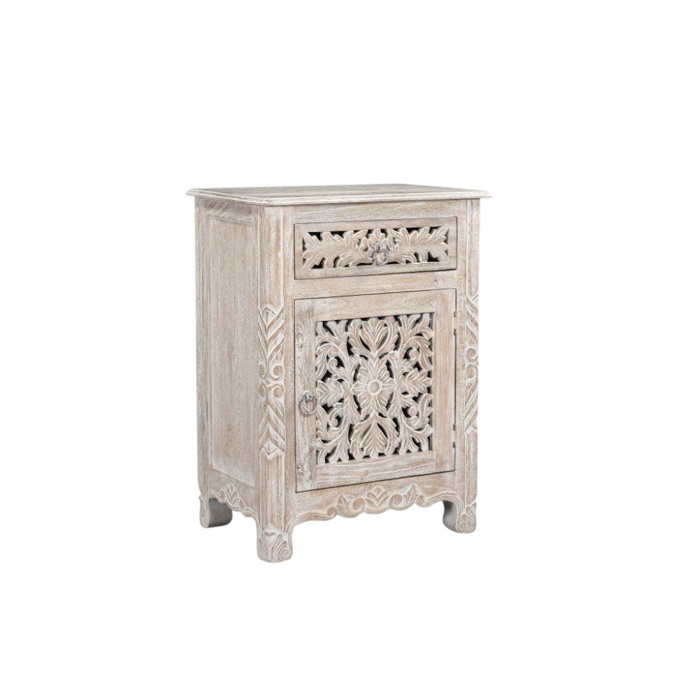 30" Distressed White One Drawer Carved Floral Solid Wood Nightstand