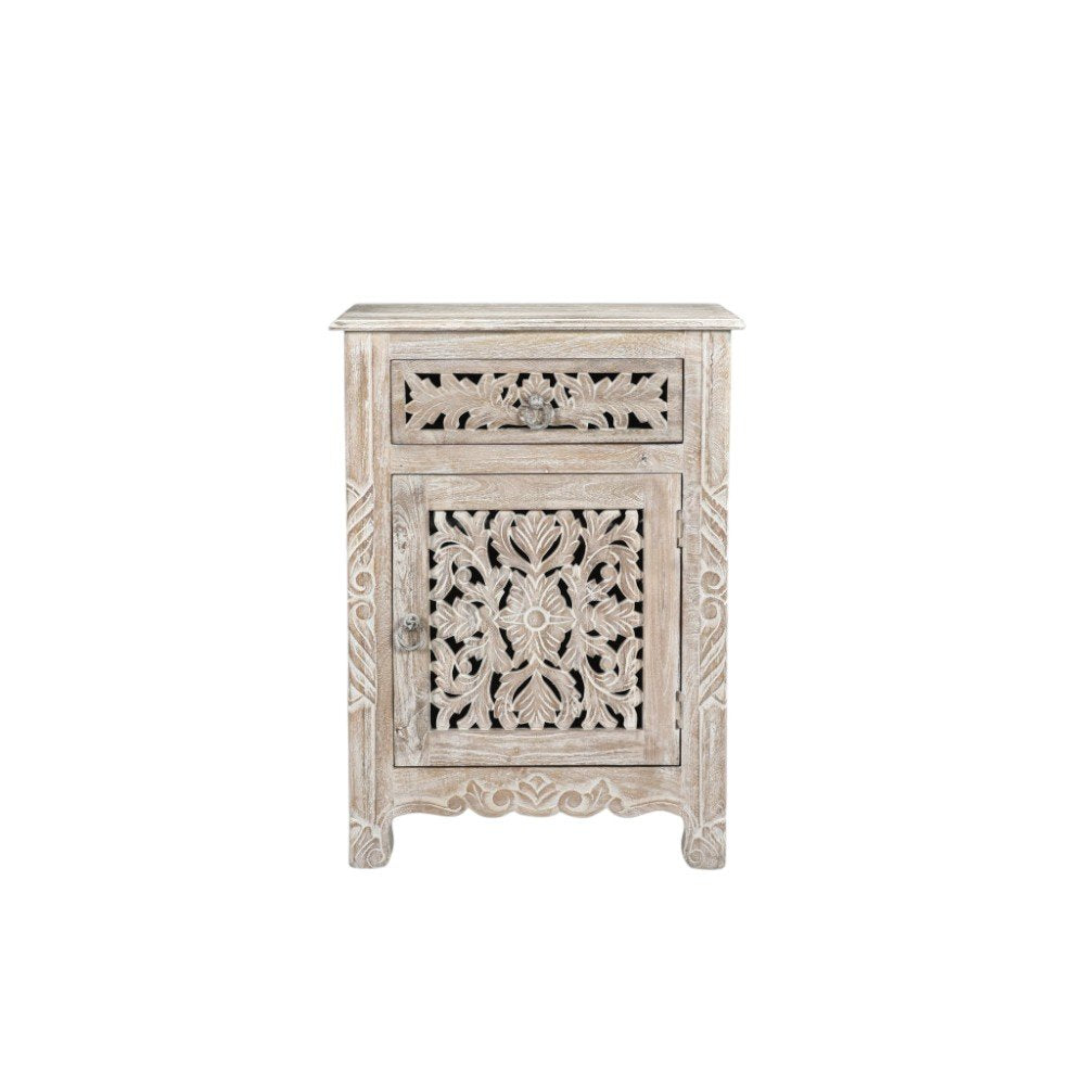 30" Distressed White One Drawer Carved Floral Solid Wood Nightstand