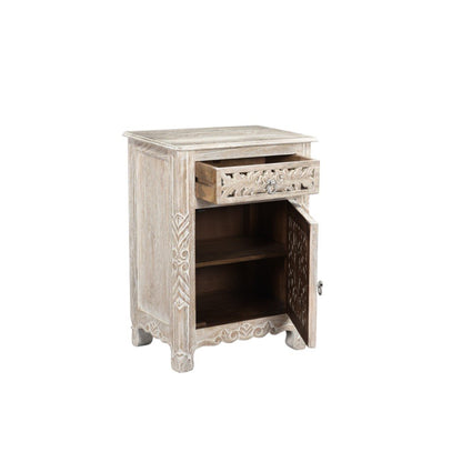 30" Distressed White One Drawer Carved Floral Solid Wood Nightstand