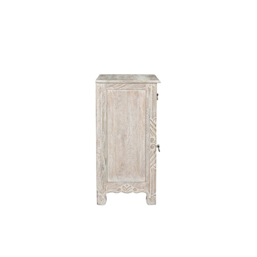 30" Distressed White One Drawer Carved Floral Solid Wood Nightstand