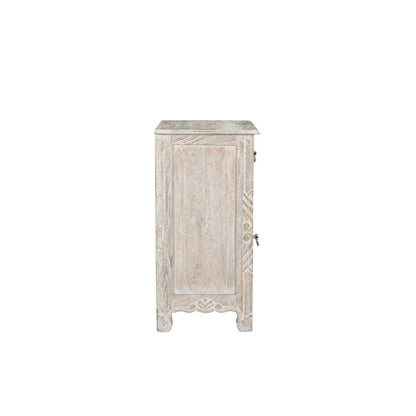 30" Distressed White One Drawer Carved Floral Solid Wood Nightstand