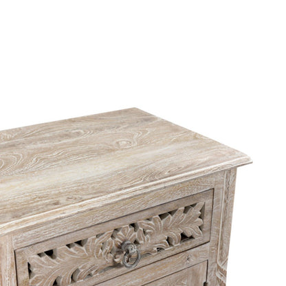 30" Distressed White One Drawer Carved Floral Solid Wood Nightstand
