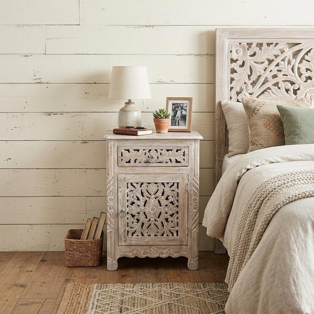 30" Distressed White One Drawer Carved Floral Solid Wood Nightstand