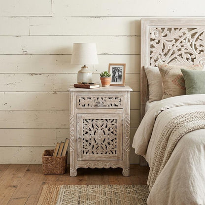 30" Distressed White One Drawer Carved Floral Solid Wood Nightstand