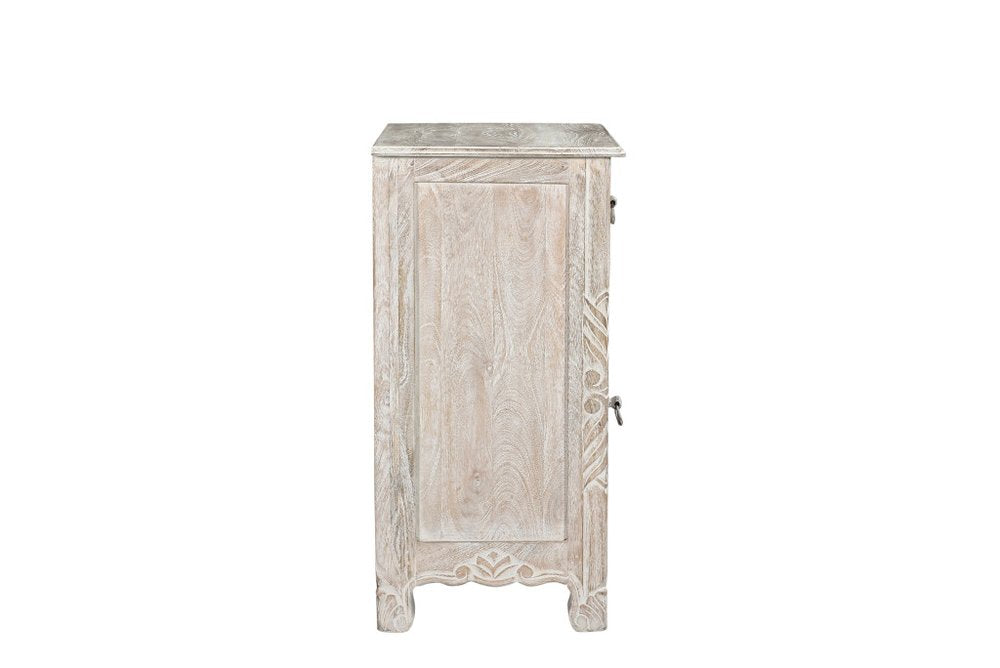30" Distressed White One Drawer Carved Floral Solid Wood Nightstand