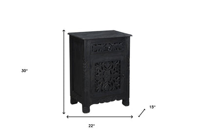 30" Distressed Black One Drawer Floral Carved Solid Wood Nightstand