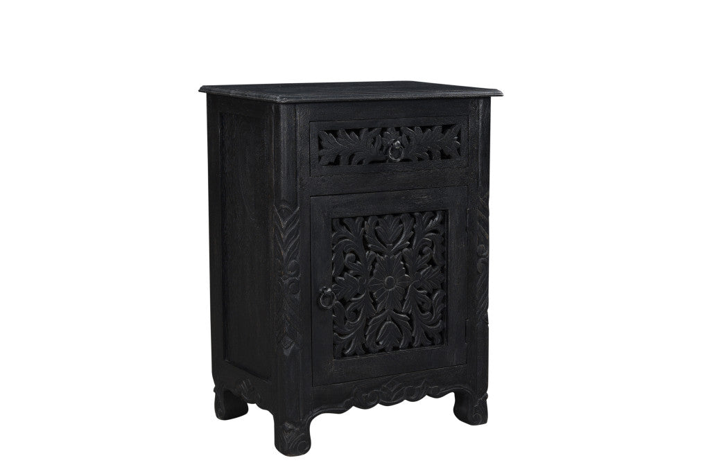 30" Distressed Black One Drawer Carved Floral Solid Wood Nightstand