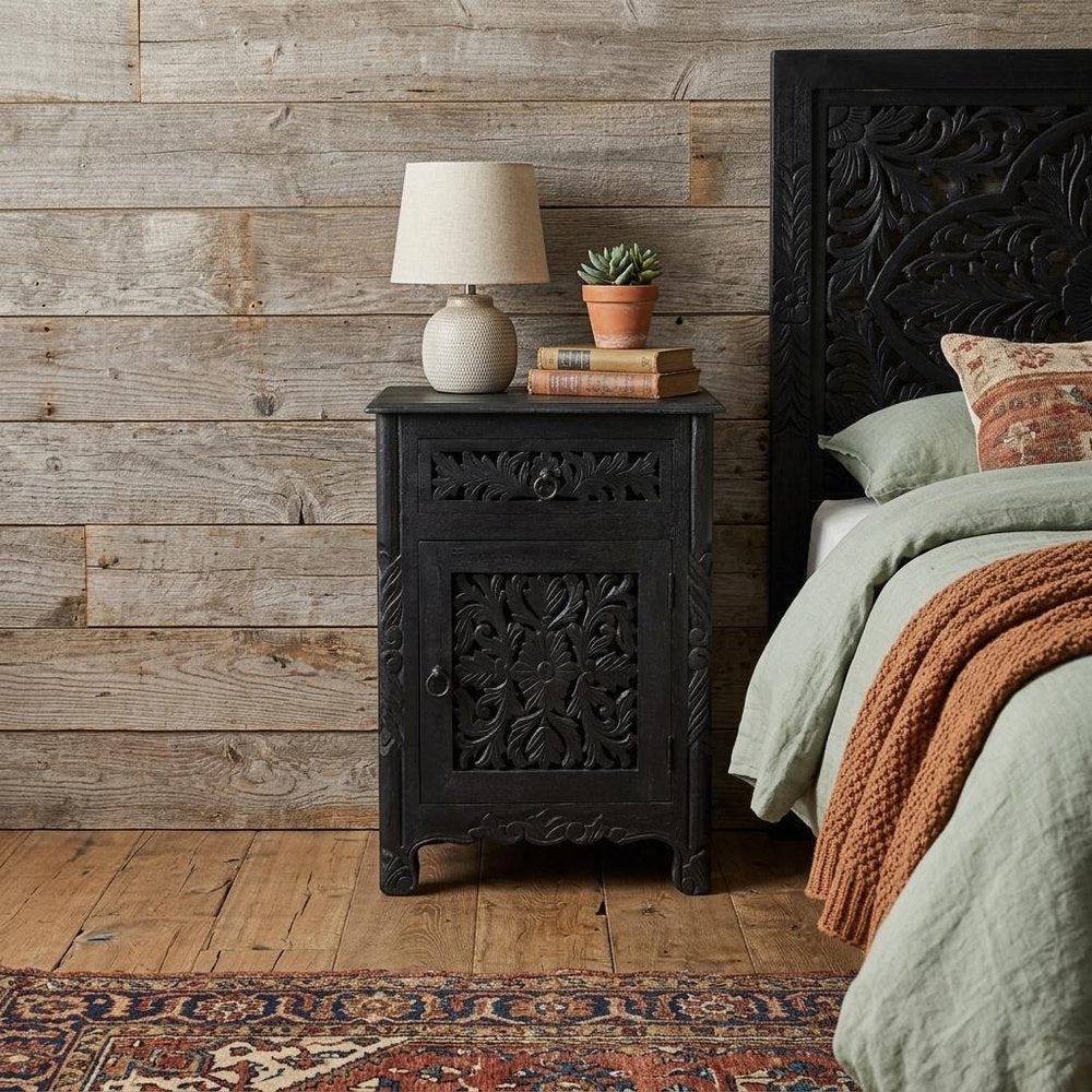30" Black Solid Wood Distressed One Drawer Nightstand