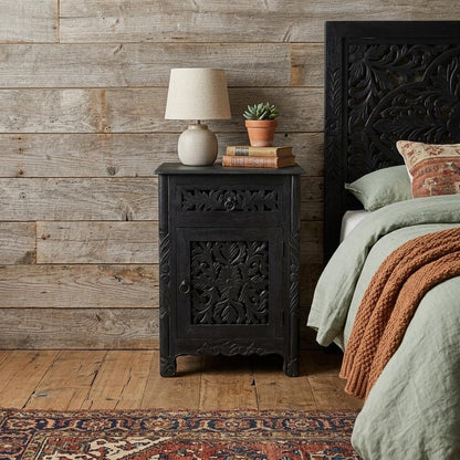 30" Black Solid Wood Distressed One Drawer Nightstand