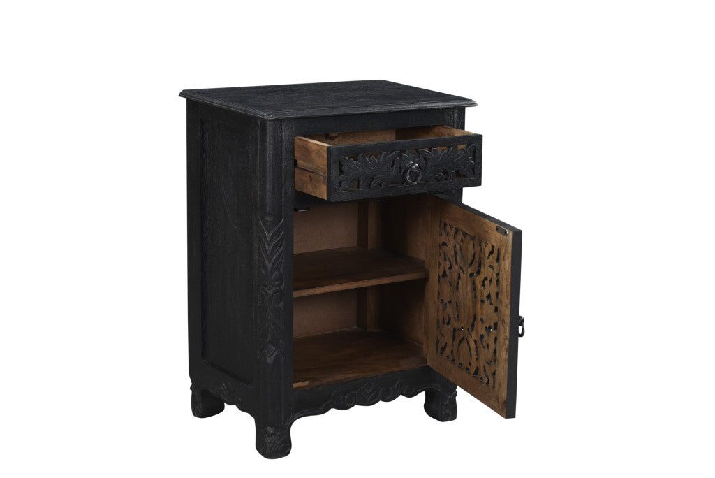 30" Distressed Black One Drawer Carved Floral Solid Wood Nightstand