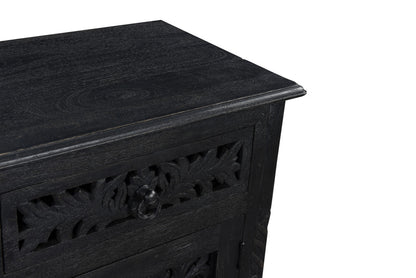 30" Distressed Black One Drawer Carved Floral Solid Wood Nightstand