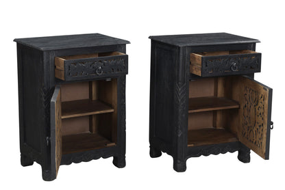 30" Distressed Black One Drawer Carved Floral Solid Wood Nightstand