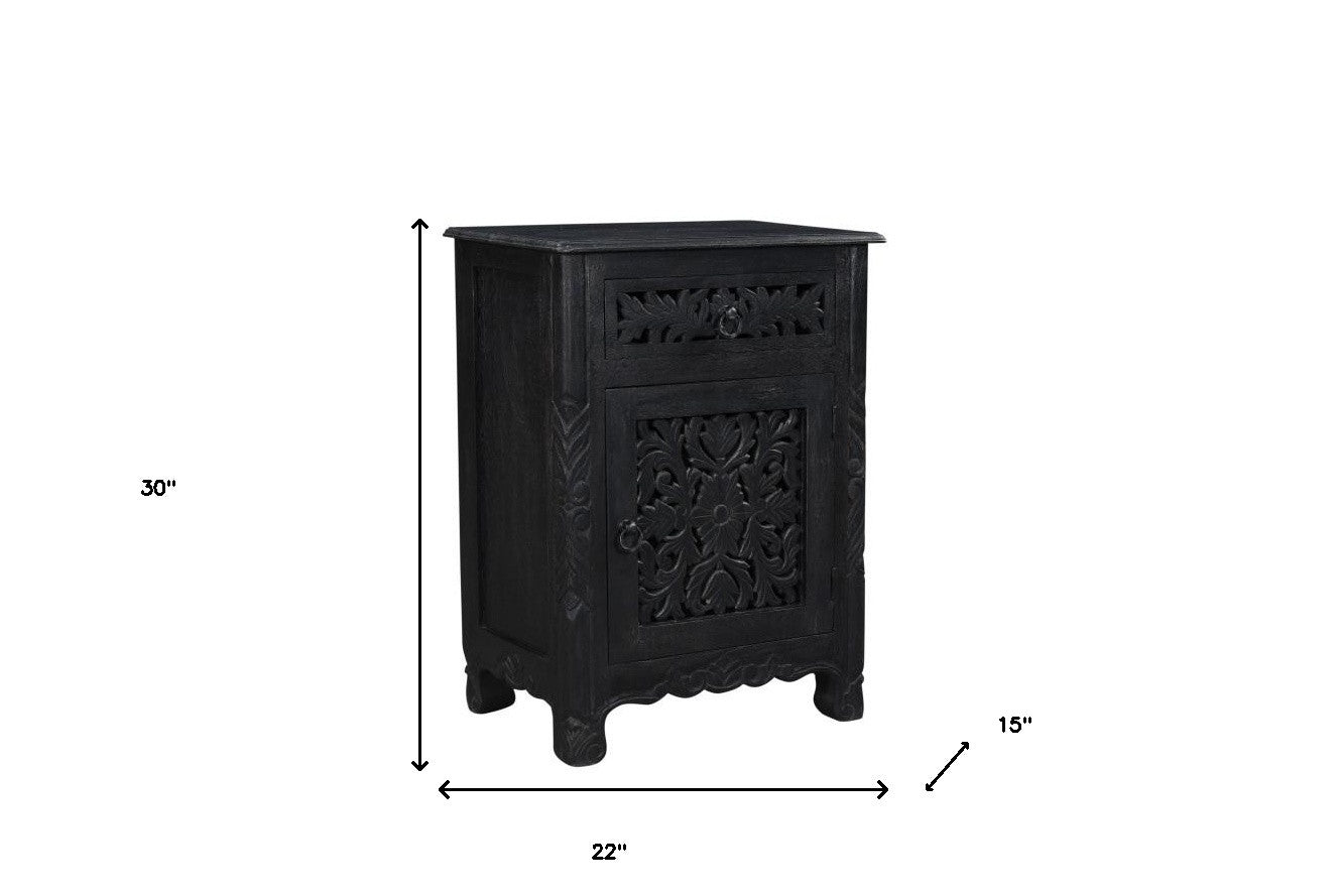 30" Distressed Black One Drawer Carved Floral Solid Wood Nightstand