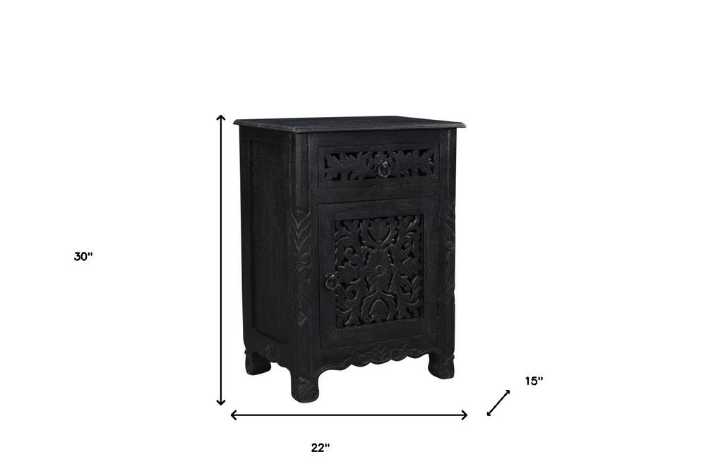 30" Black Solid Wood Distressed One Drawer Nightstand