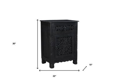 30" Black Solid Wood Distressed One Drawer Nightstand